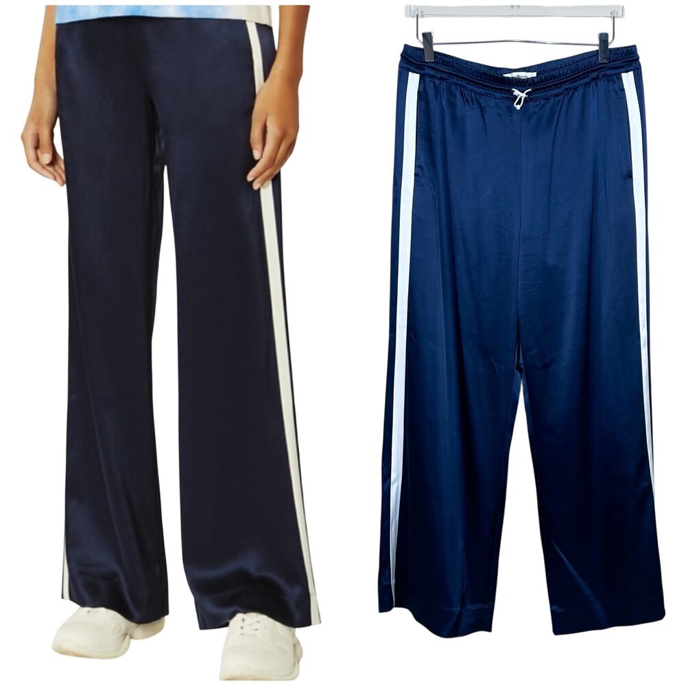 Tory Burch | Tory Sport Navy Blue White Striped Satin Wide Leg Track Pants XL